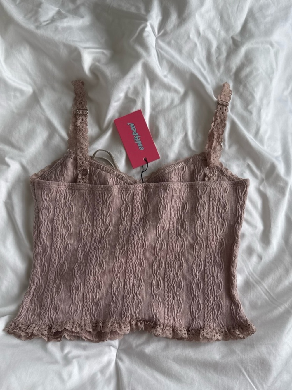 Edikted Blush Lace-Trim Tie-Front Crop Camisole - Picture 4 of 4